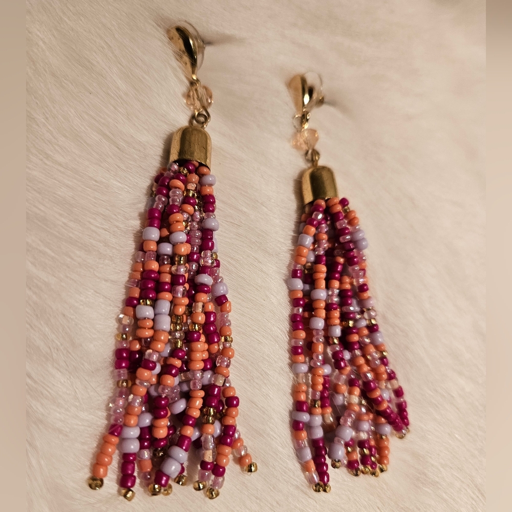 Pink & Purple Beaded Tassel Earrings